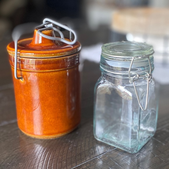 Storage & Organization | 2 Pc Vtg Jar Set Ceramic And Glass Metal Clasp ...